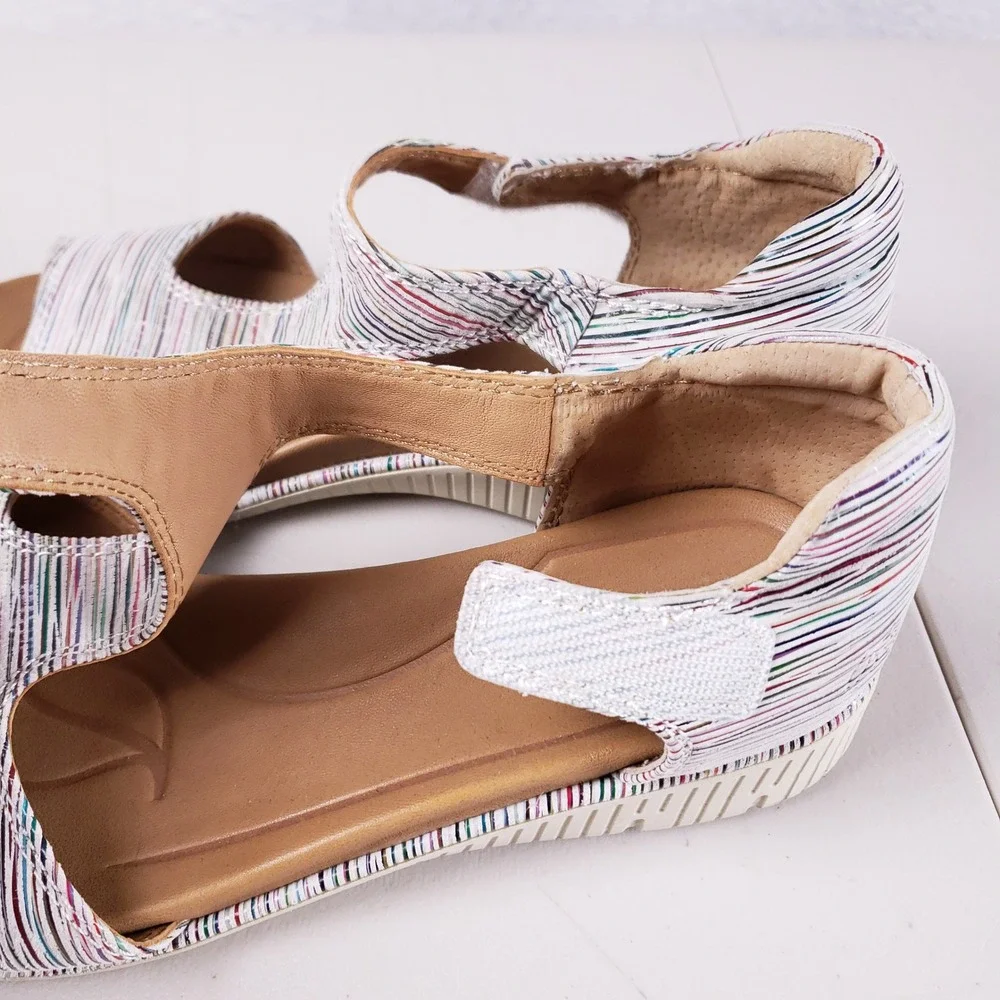 Nurture Womens 9M Multi Color Striped Leather Wedge Sandals Hook‎ Loop Strap